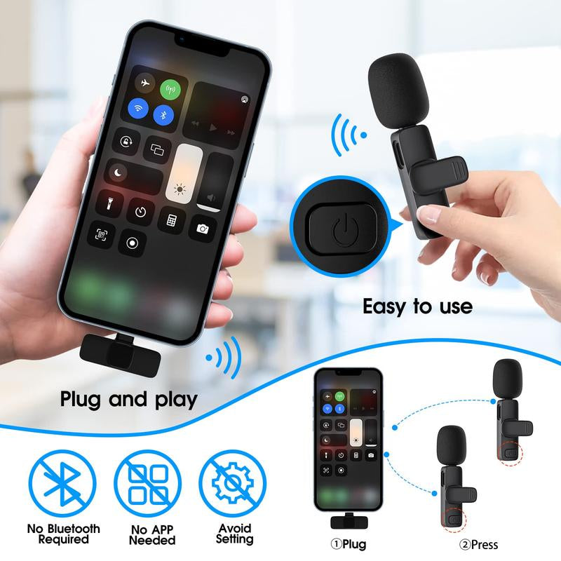 Professional Wireless Mini Microphone (2-Pack) for iPhone, iPad, iPhone 15, iOS, and Android Devices - Ideal for Video Recording, Vlogging, and Live Streaming