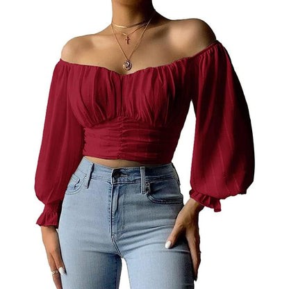 Fisoew Womens Elegant off the Shoulder Puff Sleeve Blouse Summer Chiffon Slim Fit Party Crop Top