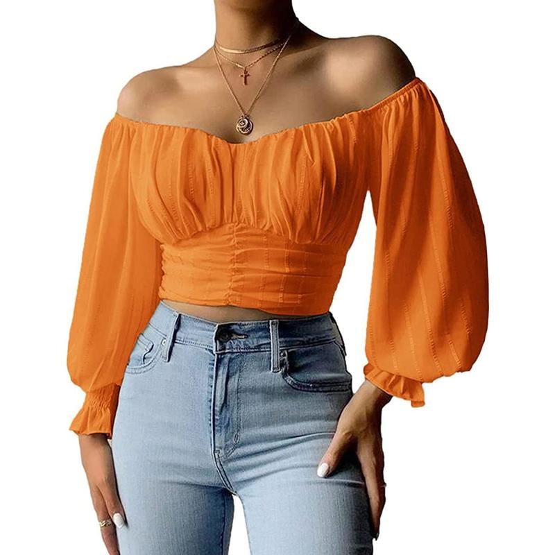 Fisoew Womens Elegant off the Shoulder Puff Sleeve Blouse Summer Chiffon Slim Fit Party Crop Top