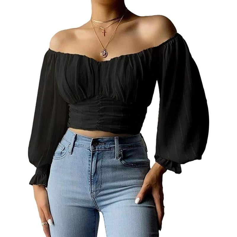 Fisoew Womens Elegant off the Shoulder Puff Sleeve Blouse Summer Chiffon Slim Fit Party Crop Top