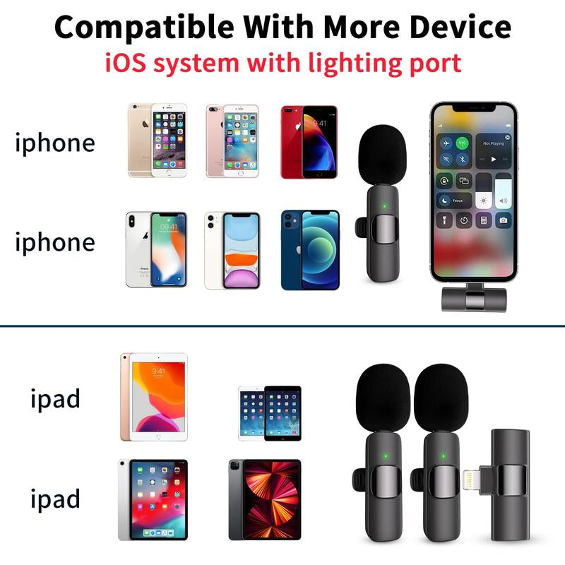 Professional Wireless Mini Microphone (2-Pack) for iPhone, iPad, iPhone 15, iOS, and Android Devices - Ideal for Video Recording, Vlogging, and Live Streaming