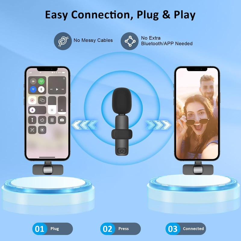 Professional Wireless Mini Microphone (2-Pack) for iPhone, iPad, iPhone 15, iOS, and Android Devices - Ideal for Video Recording, Vlogging, and Live Streaming